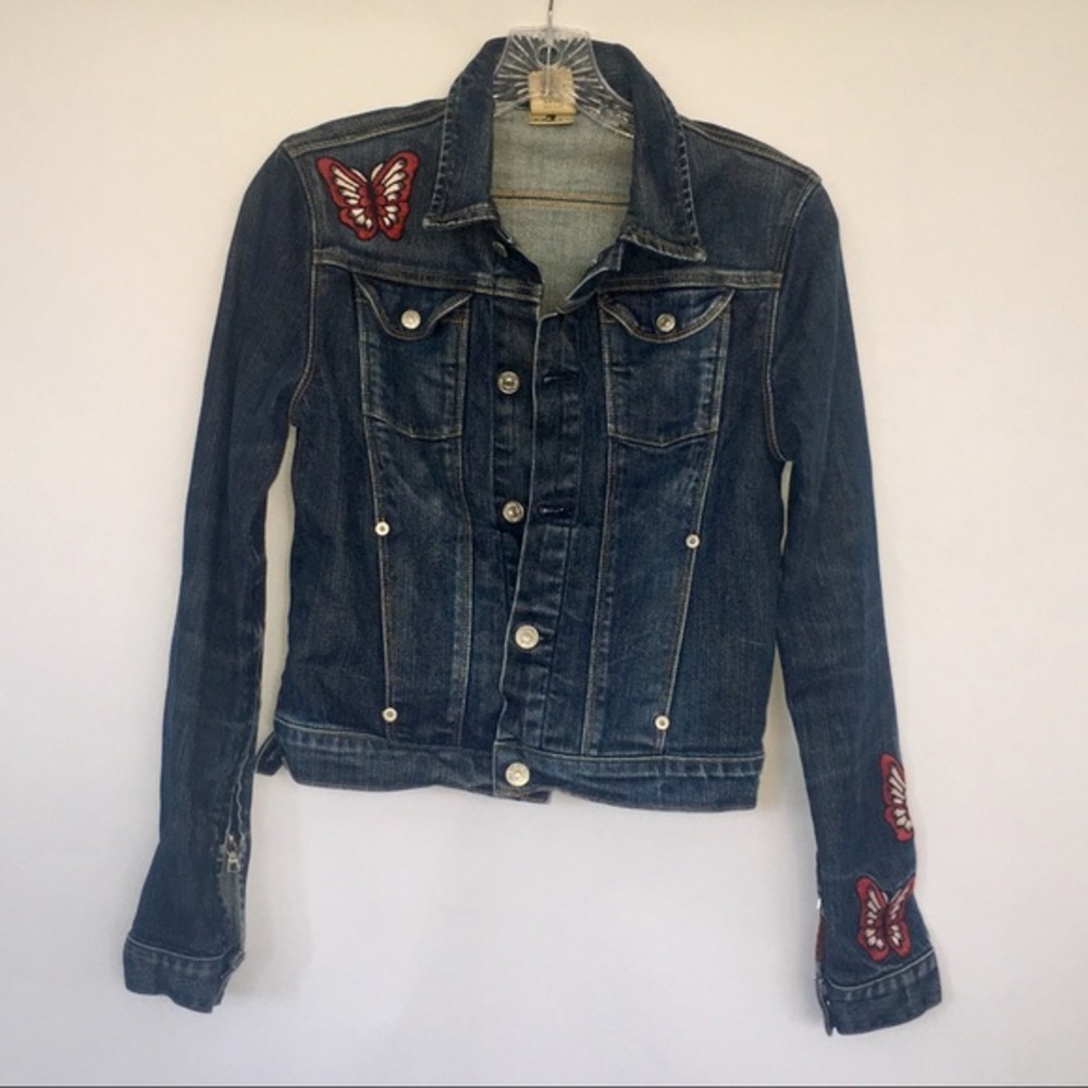 7 For All Mankind Y2K Butterfly Denim Jacket Embroidered Patches Dark Wash‎ Crop